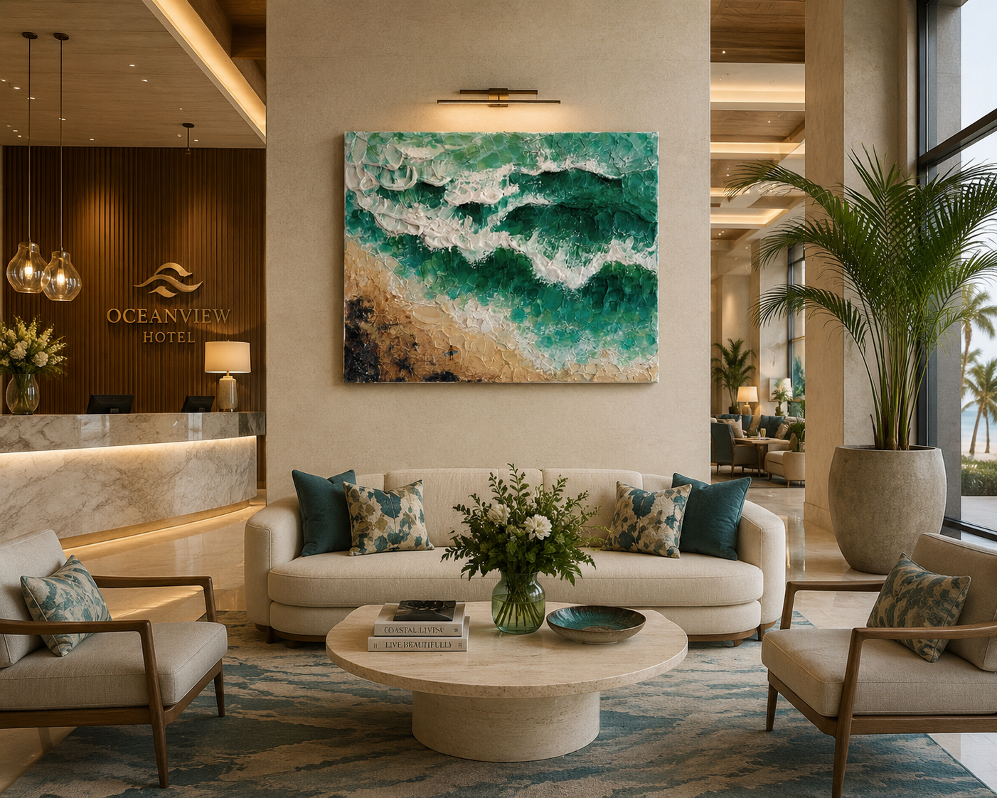 Emerals Break original painting in a hotel lobby